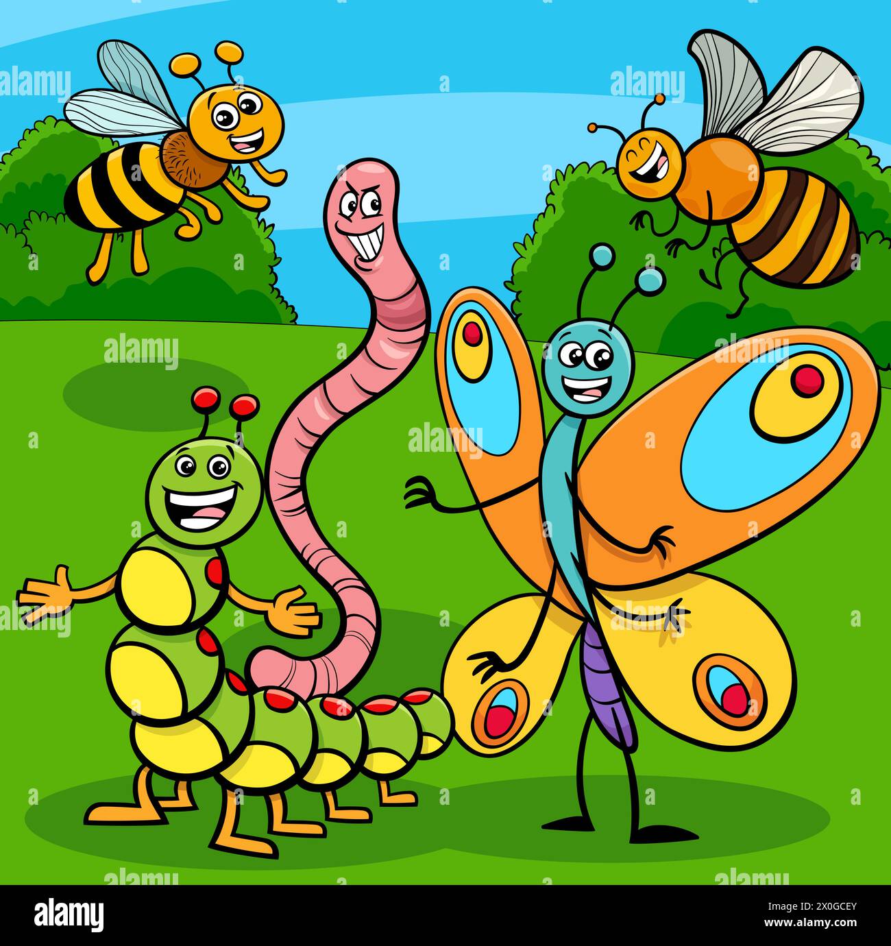 Cartoon illustration of happy insects funny animal characters group Stock Vector