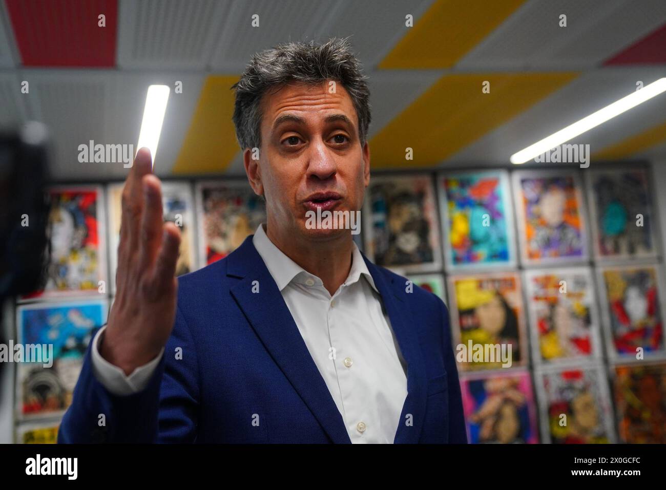 Shadow energy secretary Ed Miliband, during a visit to Stoke Newington School in north London, to announce with Mayor of London Sadiq Khan, a new climate action plan for London. Picture date: Friday April 12, 2024. Stock Photo
