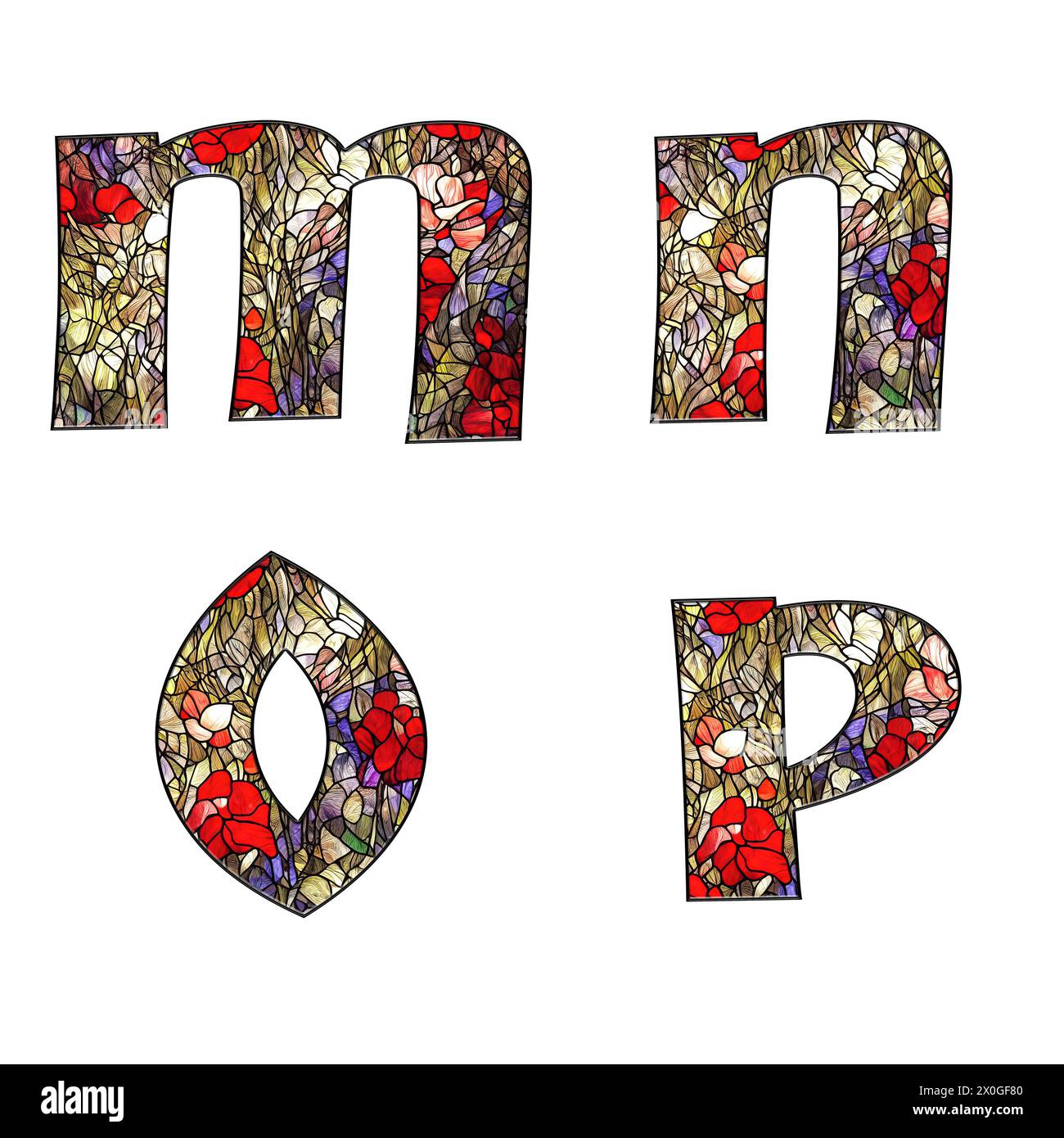 Illustration of stained glass floral ornamental alphabet - letters M-P Stock Photo