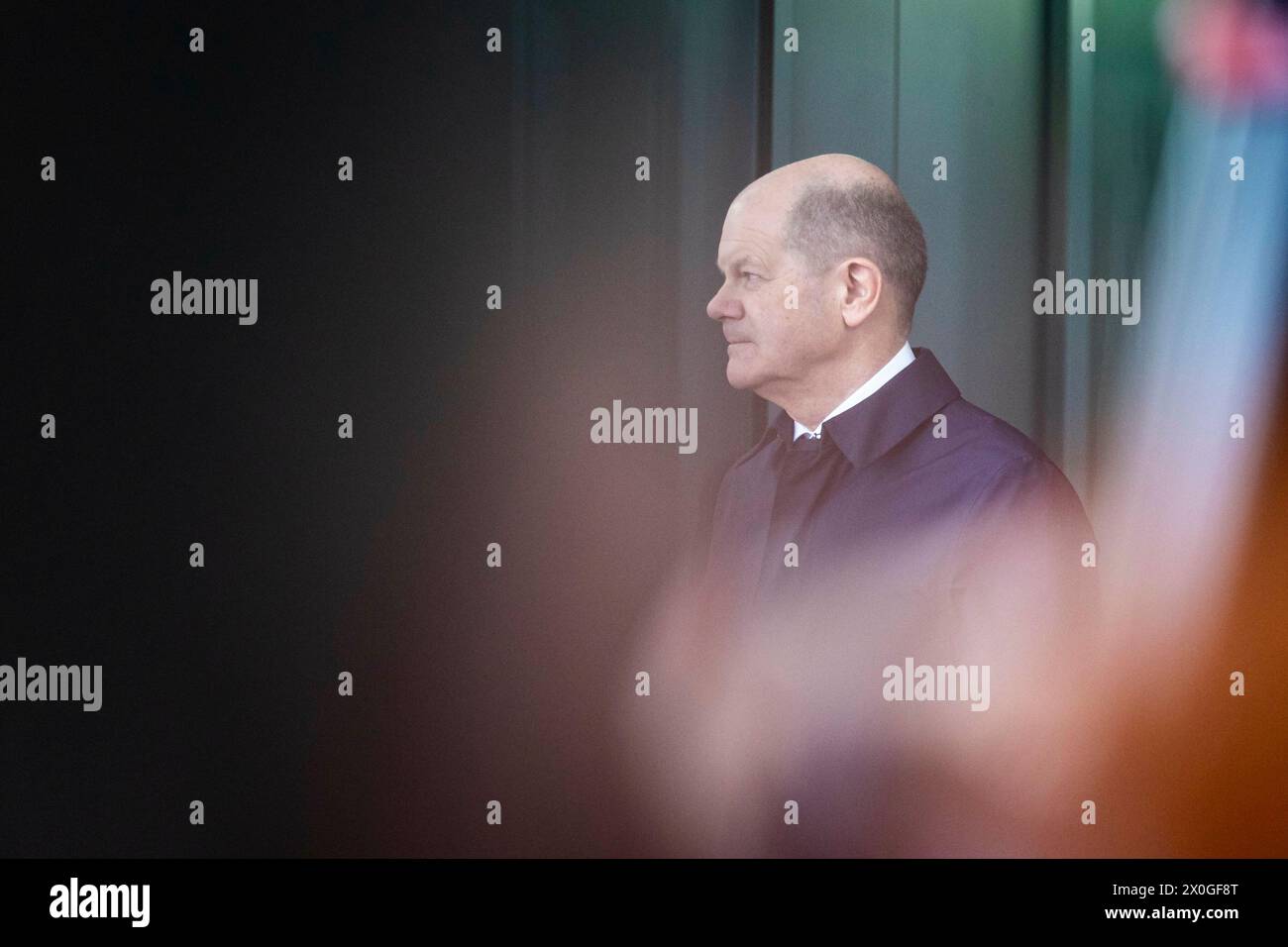 Berlin, Deutschland. 12th Apr, 2024. Federal Chancellor Olaf Scholz (SPD) photographed during the welcoming ceremony of Irakli Kobachidze, Prime Minister of Georgia, at the Federal Chancellery with military honors in Berlin, April 12, 2024. Credit: dpa/Alamy Live News Stock Photo