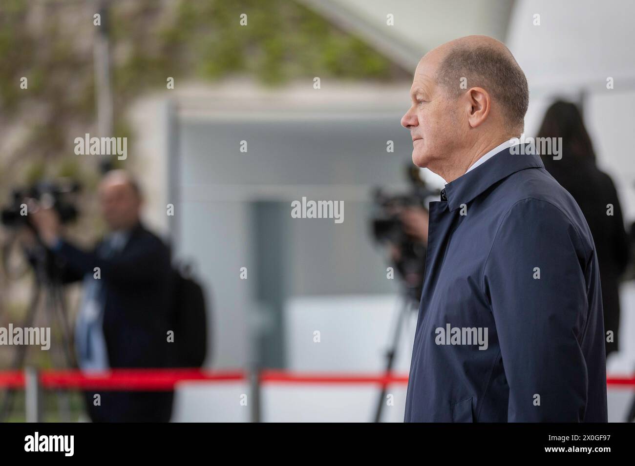Berlin, Deutschland. 12th Apr, 2024. Federal Chancellor Olaf Scholz (SPD) photographed during the welcoming ceremony of Irakli Kobachidze, Prime Minister of Georgia, at the Federal Chancellery with military honors in Berlin, April 12, 2024. Credit: dpa/Alamy Live News Stock Photo