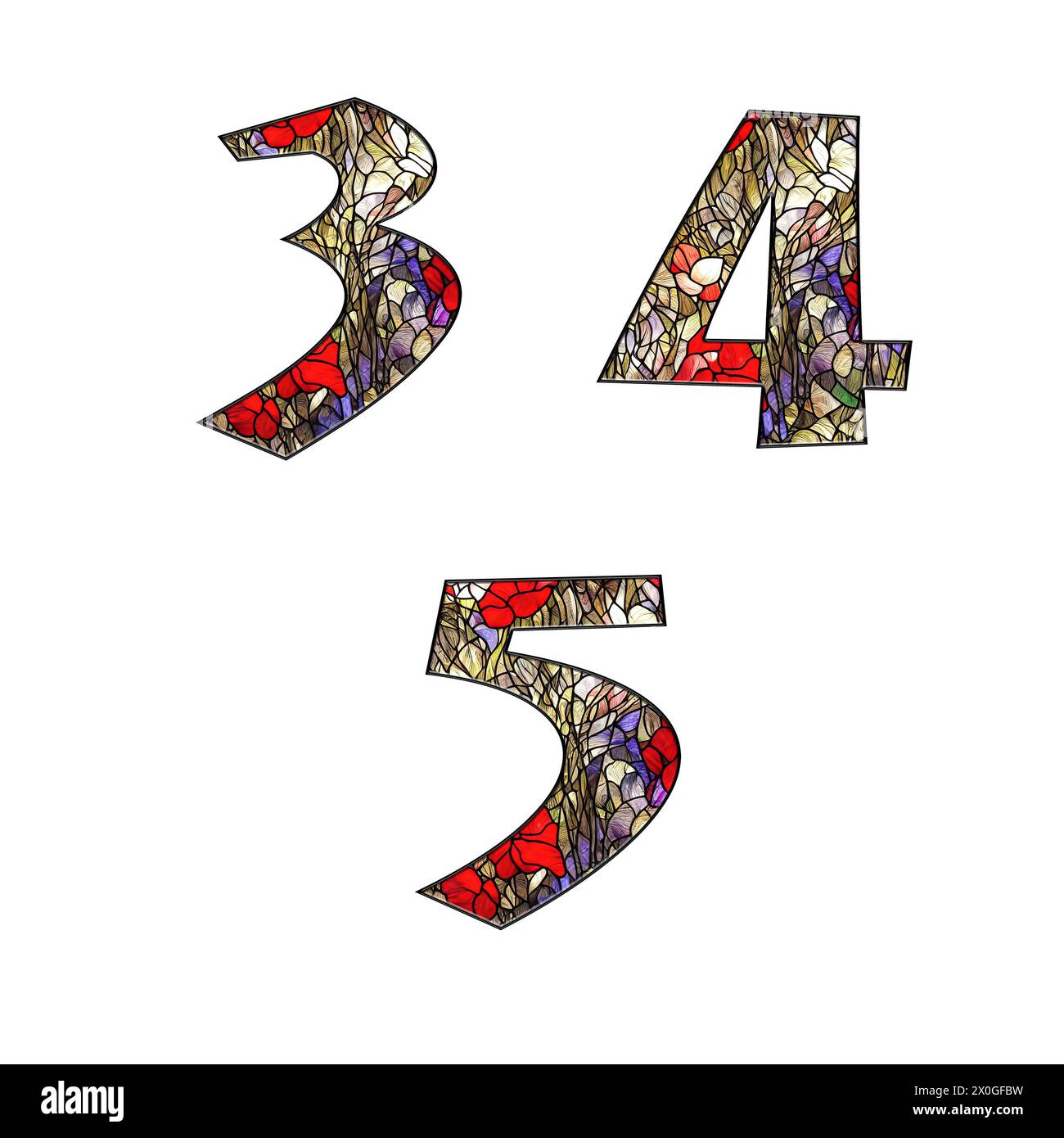 Illustration of stained glass floral ornamental alphabet - digits 0-2 Stock Photo