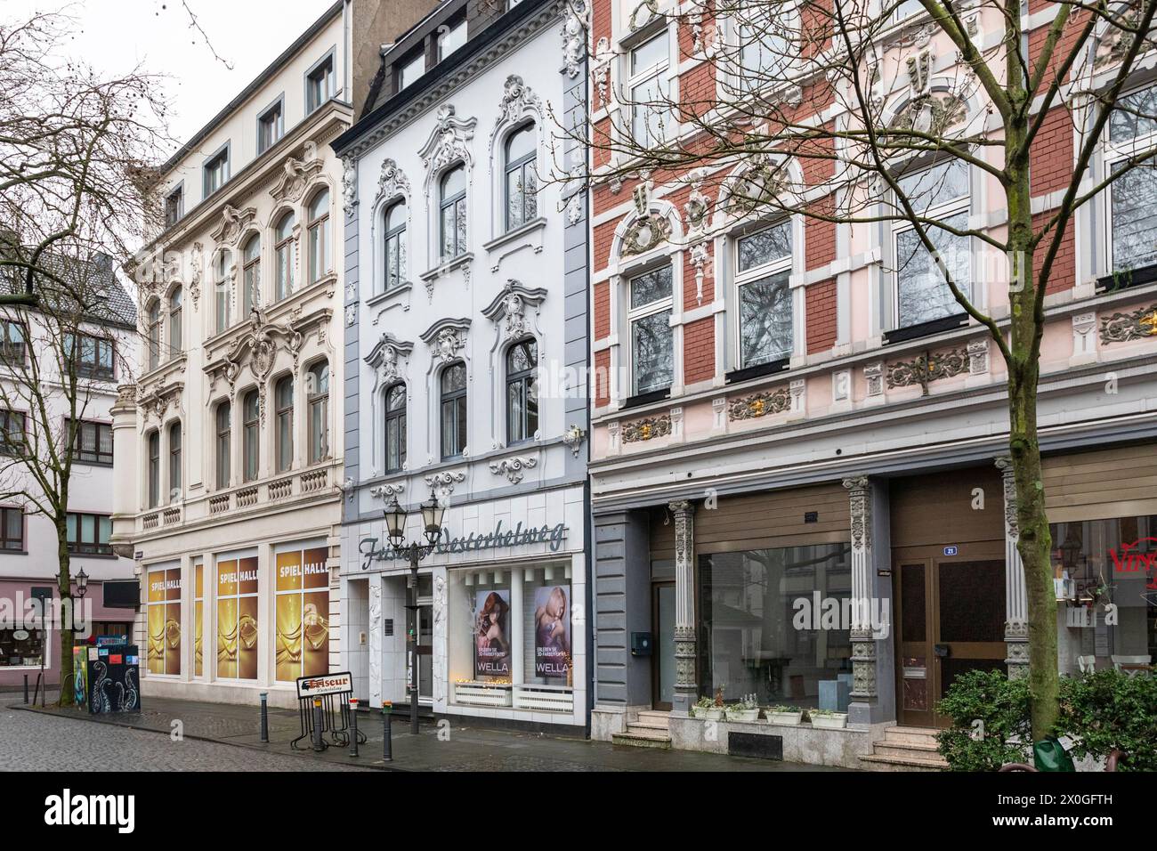 Building facades and shops in Wilhelminian style at Neumarkt, Duisburg Ruhrort, Ruhr Area, Germany Stock Photo