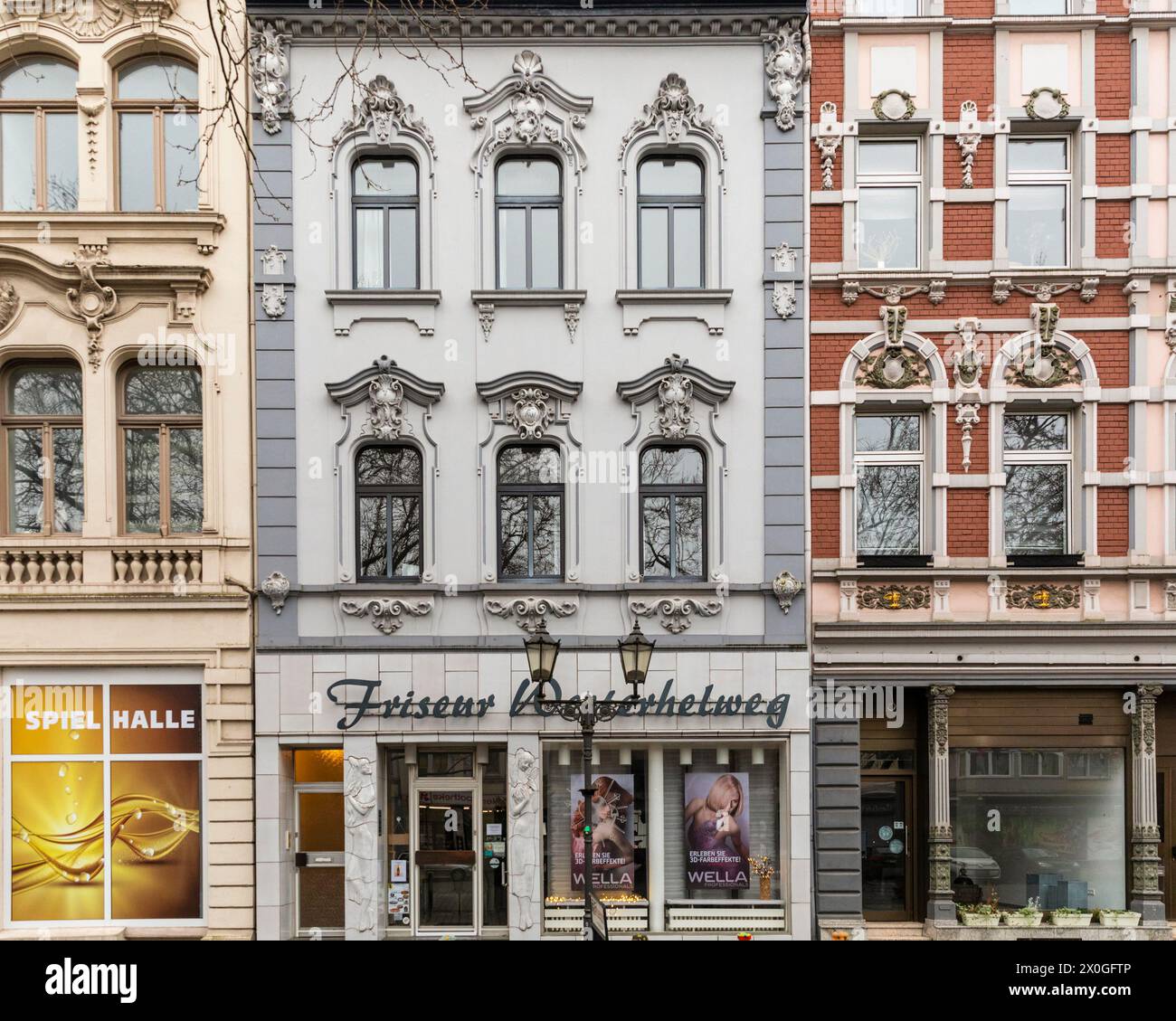 Building facades and shops in Wilhelminian style at Neumarkt, Duisburg Ruhrort, Ruhr Area, Germany Stock Photo