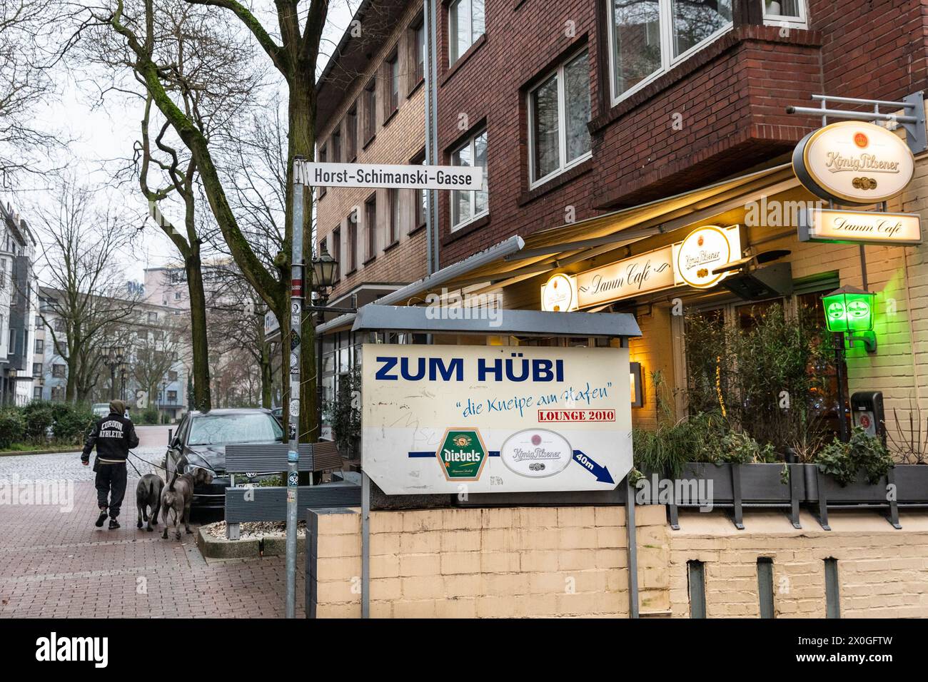 Horst Schimanski Gasse street and Damm Cafe in Duisburg Ruhrort, Germany Stock Photo
