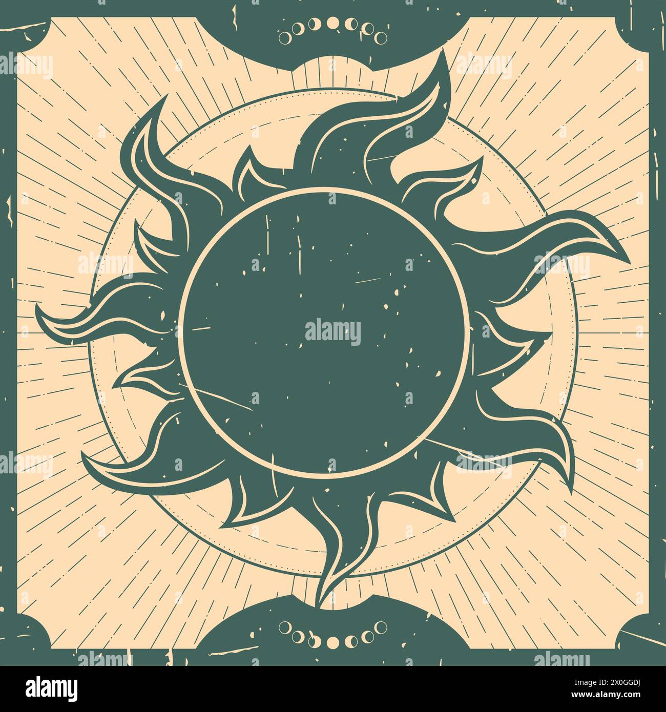 Celestial background with a sun. Spiritual chart, magic board. Vintage retro style, grunge texture. Vector illustration Stock Vector