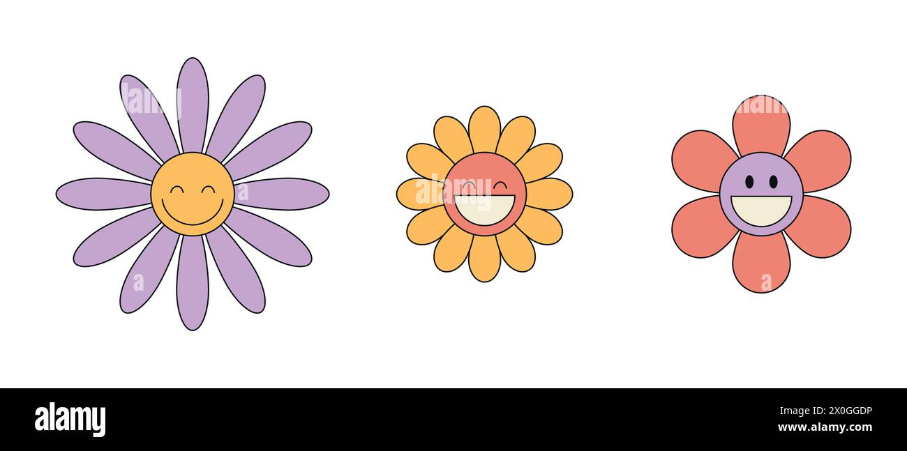 Smiling groovy daisy flower characters set. Hippie retro style. Flower icons. Vector illustration Stock Vector