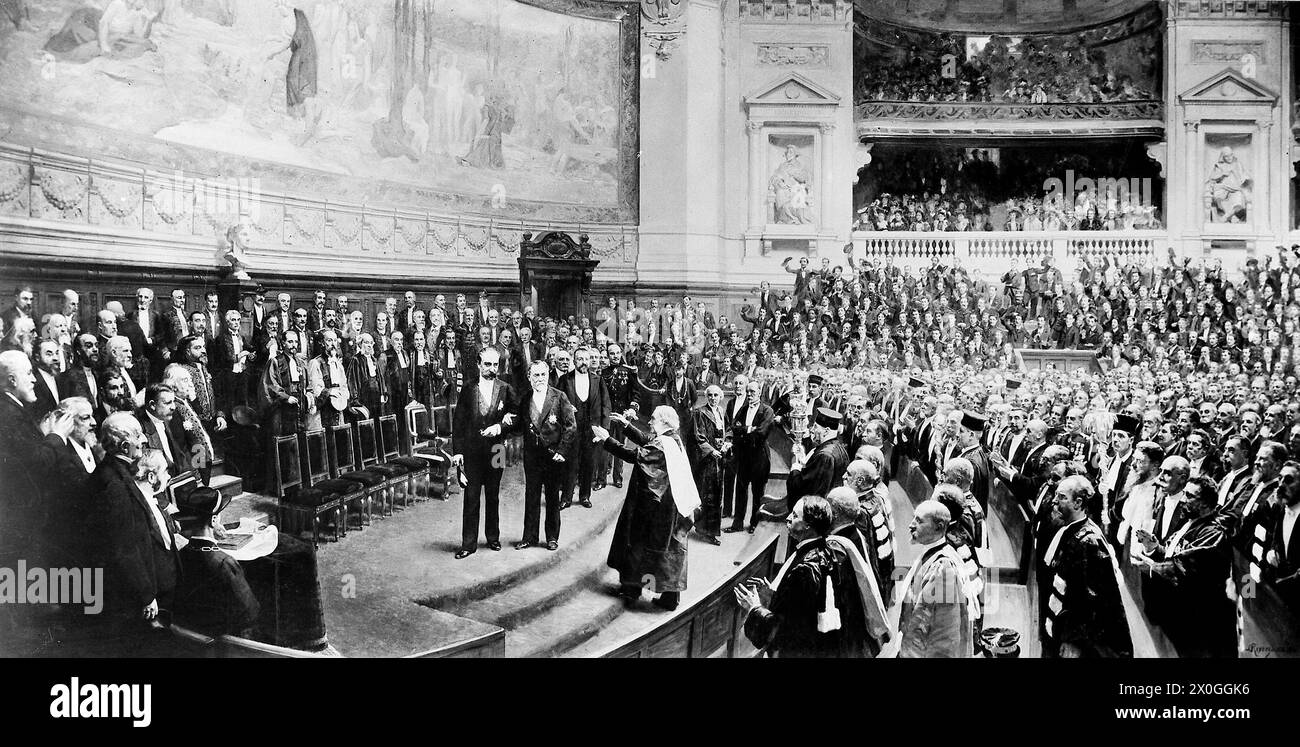 Joseph Lister, Baron Lister acclaims Louis Pasteur at Pasteur's Jubilee, Paris, 1892. Photograph after a painting by Jean-André Rixens. Stock Photo