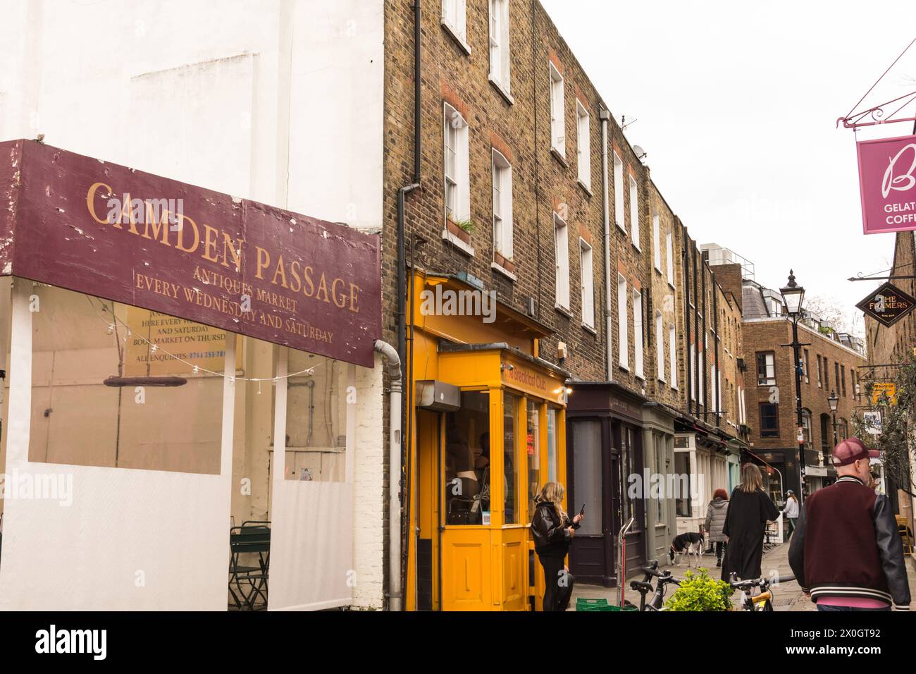 Camden Passage shops and Breakfast Club, Camden Passage, Islington, London, N1, England, U.K. Stock Photo