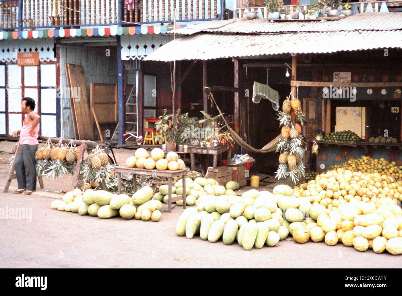 A fruit stand with pineapples and melons on a street in Machala. [automated translation] Stock Photo
