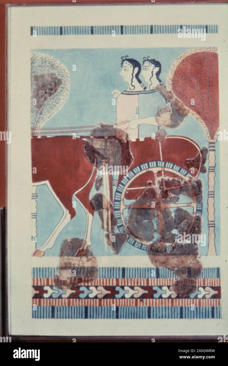 The fresco of Tiryns with a chariot from about 1300 BC in the ...