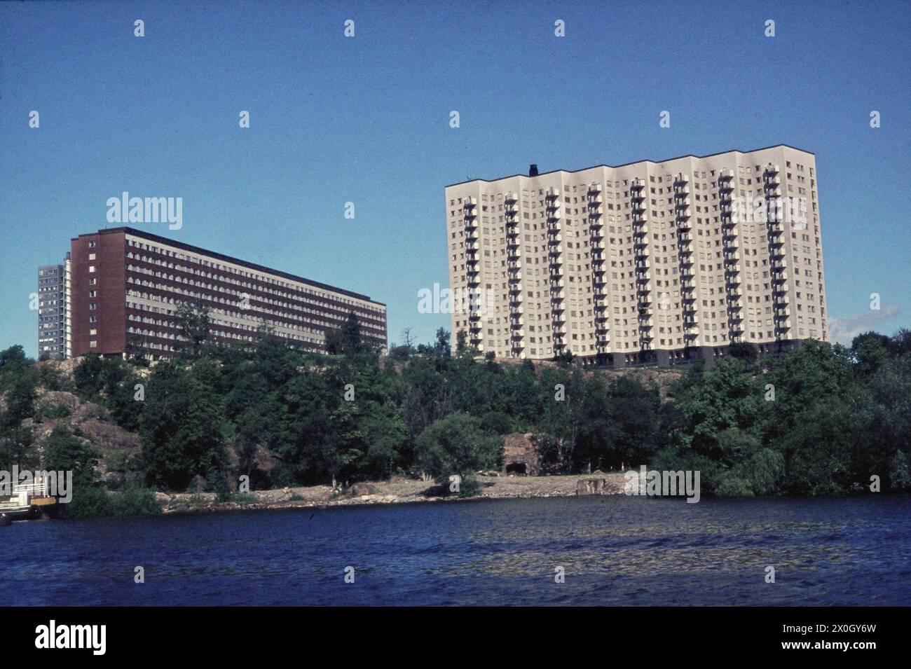 Residential buildings at the Västerbron Bridge in Stockholm. [automated ...