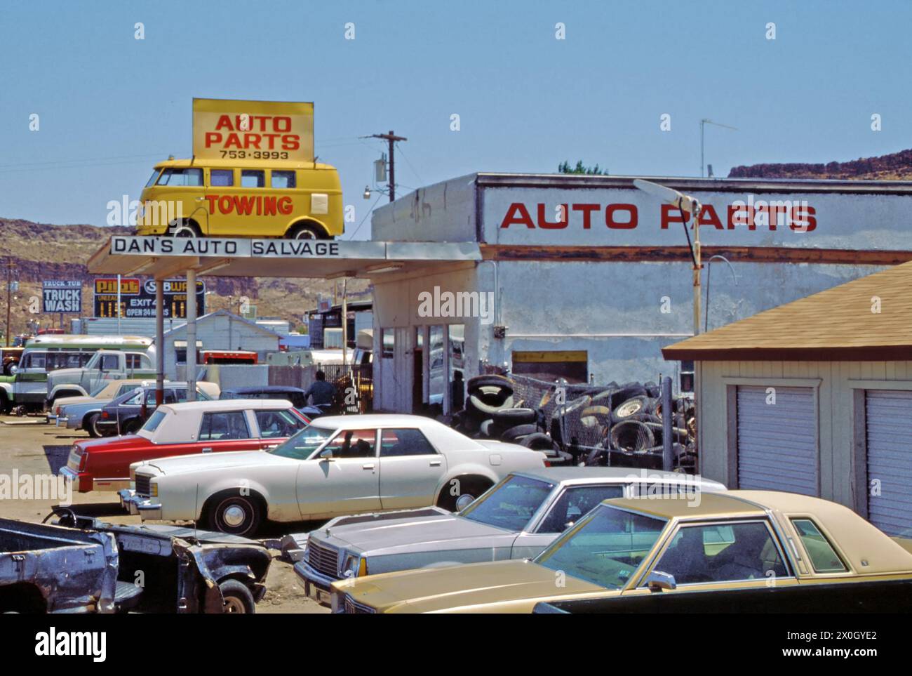 Car repair shop near Kingman, Route 66, Arizona, USA [automated