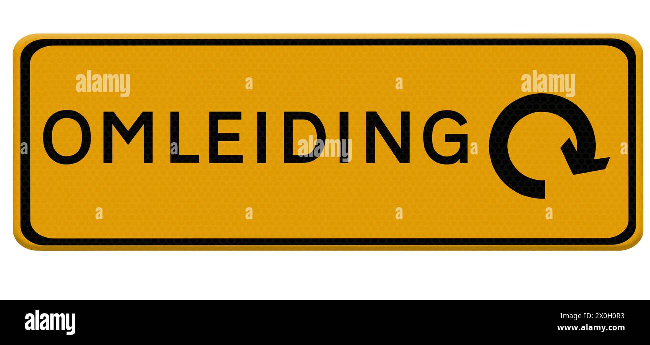 Stock image. Digital composite Dutch road traffic sign for a diversion omleiding due to roadworks. At the moment, especially in Amsterdam around the station, one has the feeling that the whole city is being dug up with the consequence that one finds oneself in a myriad of diversions omleidingen with the feeling that one is cycling to the far ends of the world just to return to from whence one has come. verkeer, opstopping, infarct, fiets, bouwwerkzaamhedenm maze, labyrinth Stock Photo