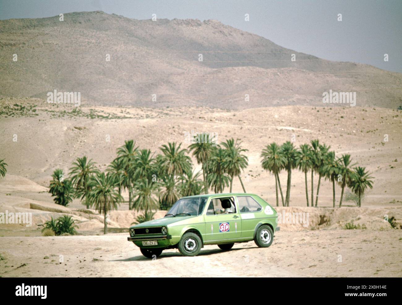 Our VW Golf in a palm oasis near the Berber village of