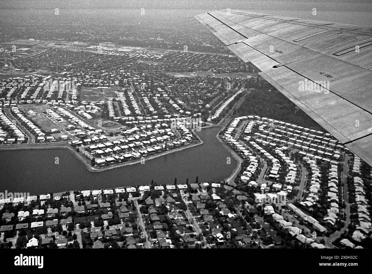 View from a landing plane on the suburbs of New York City. Stock Photo