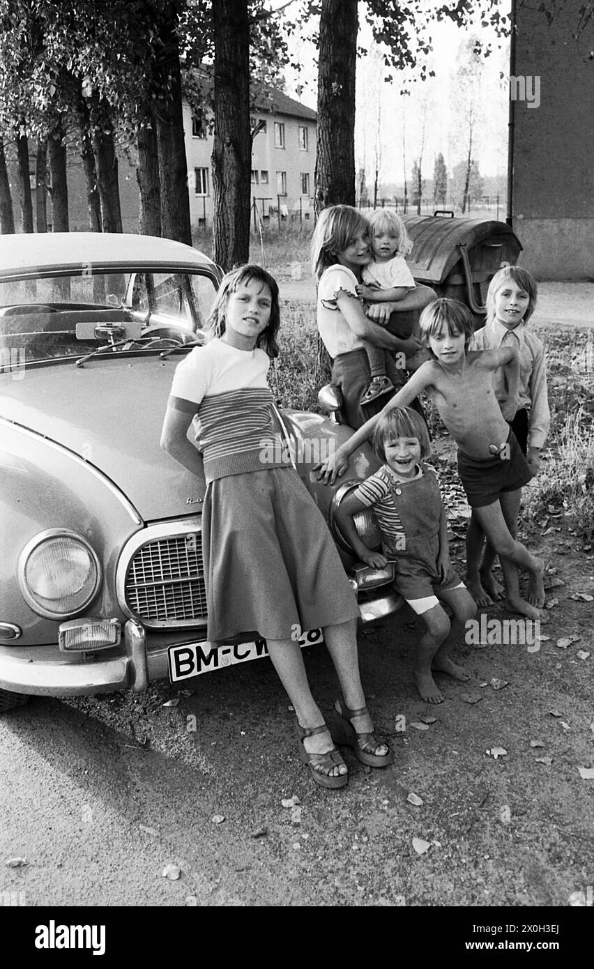 Children and teenagers pose in front of an old car, Auto Union DKW [automated translation] Stock Photo
