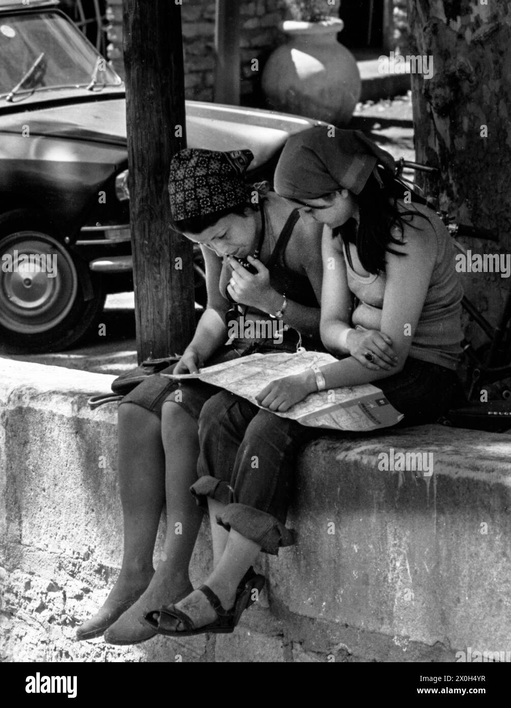 In the shade of a tree, two tourists use a city map to find their way around. [automated translation] Stock Photo