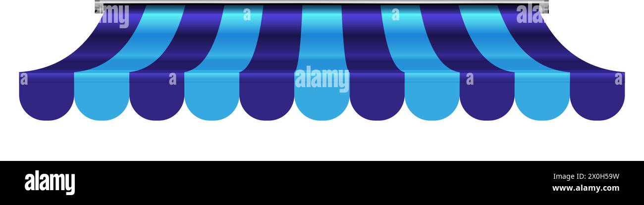 Shop awning tent. Cafe sunshade, store canopy, striped roof with blue and violet stripes. 3D realistic vector illustration isolated on white. Stock Vector