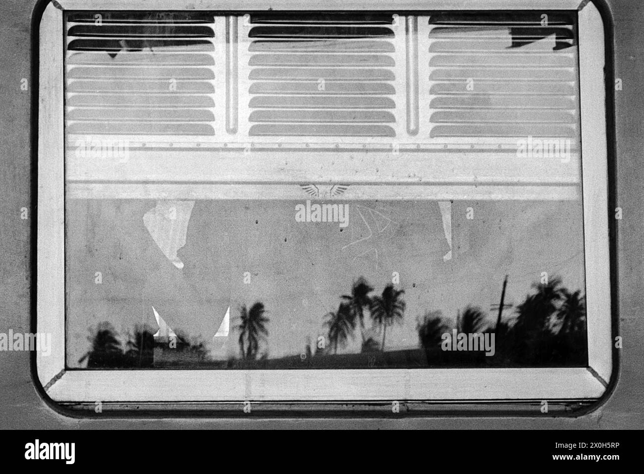 At Surat Thani railroad station in Thailand: the palm trees are reflected in the closed window. [automated translation] Stock Photo