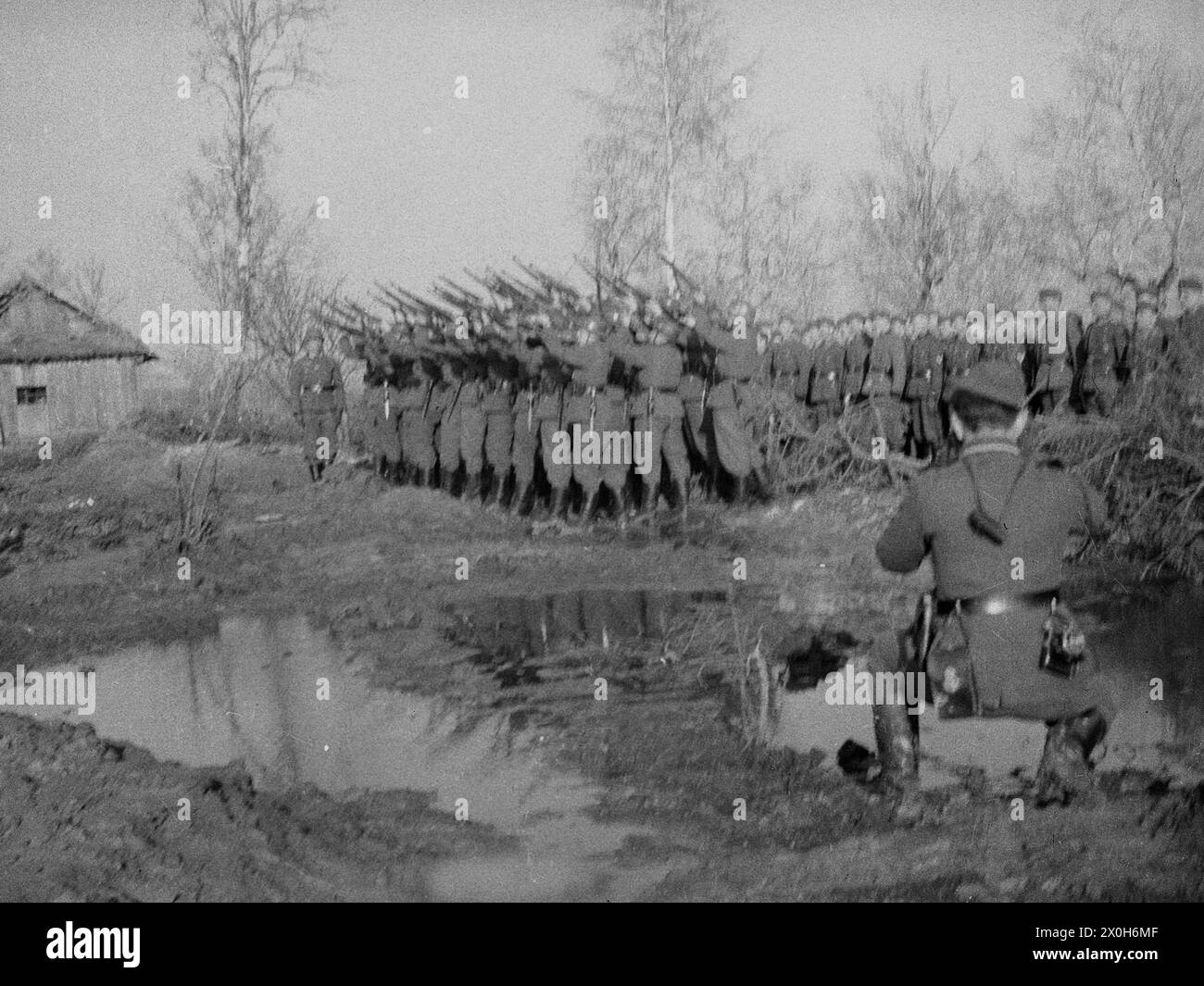 An honor formation fires a salute. Another soldier photographs the ceremony. The picture was taken by a member of the Radfahrgrenadierregiment 2 / Radfahrsicherungsregiment 2, in the northern section of the Eastern Front. [automated translation] Stock Photo