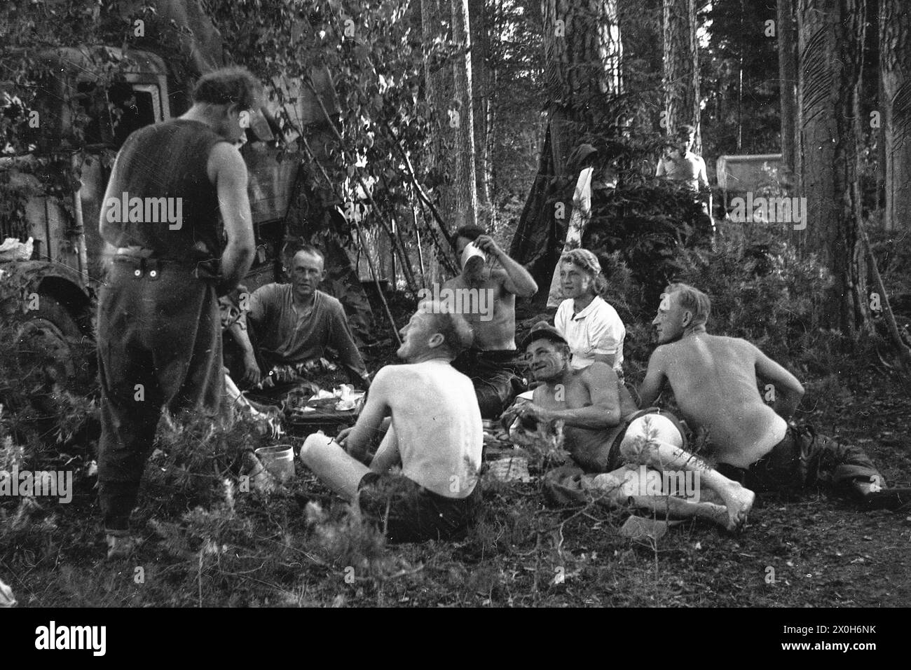 Soldiers are bivouacking in the forest. They are happy and eating. A woman is sitting with the group. The picture was taken by a member of the 154th Infantry Regiment / 58th Infantry Division, in France. [automated translation] Stock Photo
