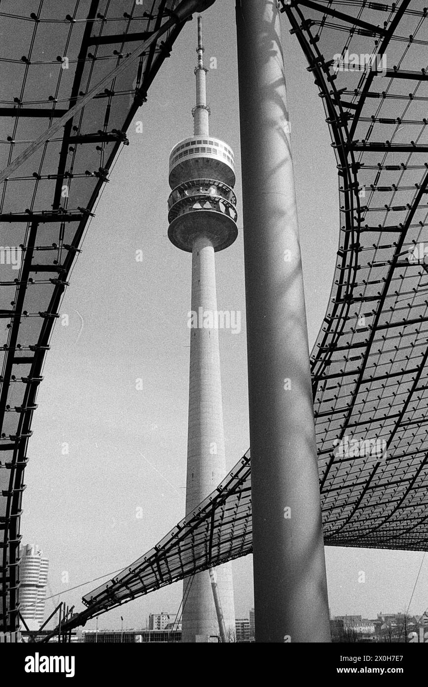 Tent roof and Olympic Tower in Munich's Olympic Park. [automated ...