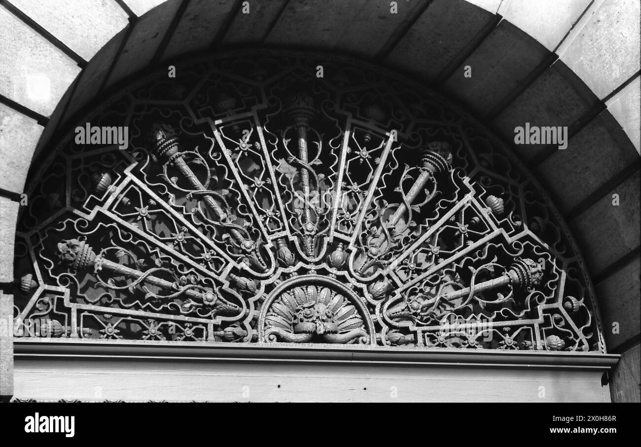 Many old buildings feature ornamentation, here a wroughtiron gate