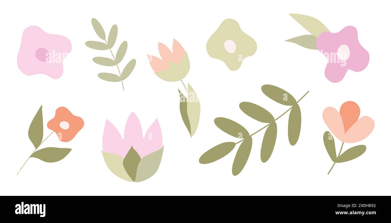 Spring or Summer Leaves and Flowers Flat style Set. Cartoon Vector ...