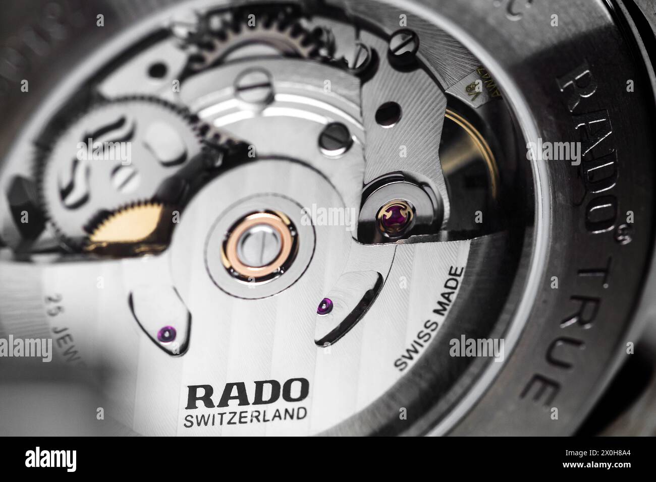 Lengnau, Switzerland - November 11, 2021: ETA movement of self-winding mechanic Swiss watch. Rado Automatic Open Heart 734.0510.3 Stock Photo