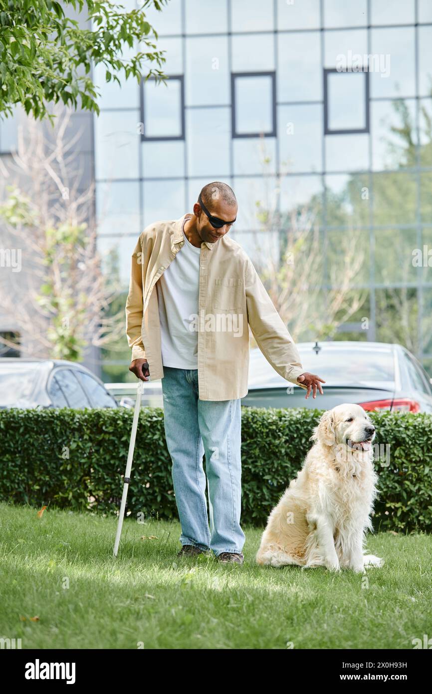 African American man with myasthenia gravis walking his Labrador with cane, showcasing diversity