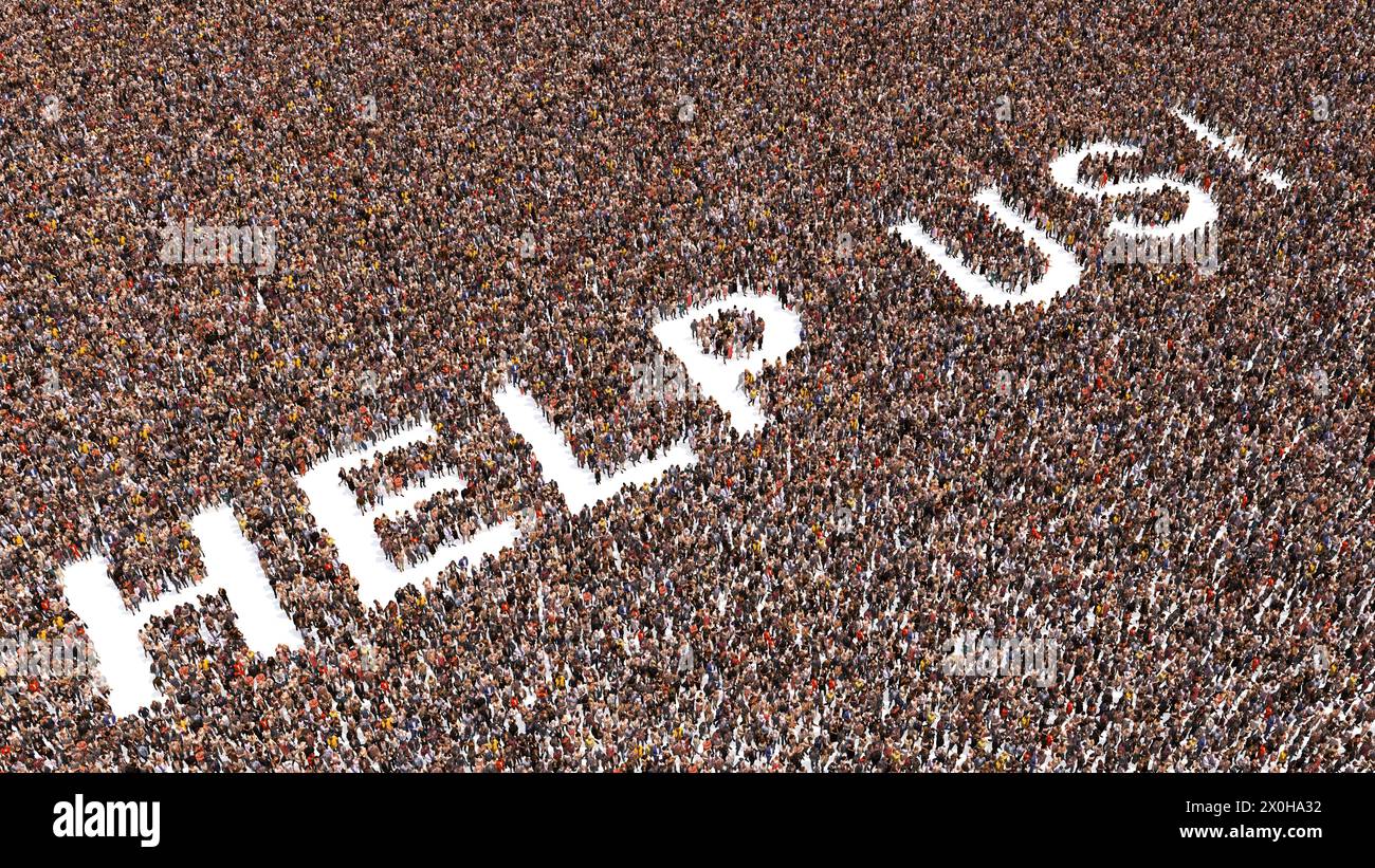 Concept or conceptual large community of people forming HELP US message ...