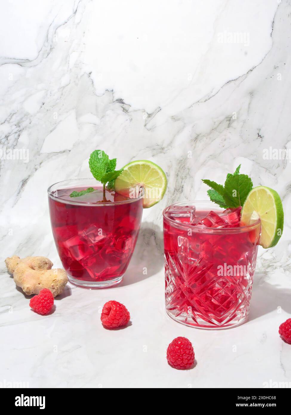 Delicious raspberry, lime and ginger drink on a marble background Stock ...
