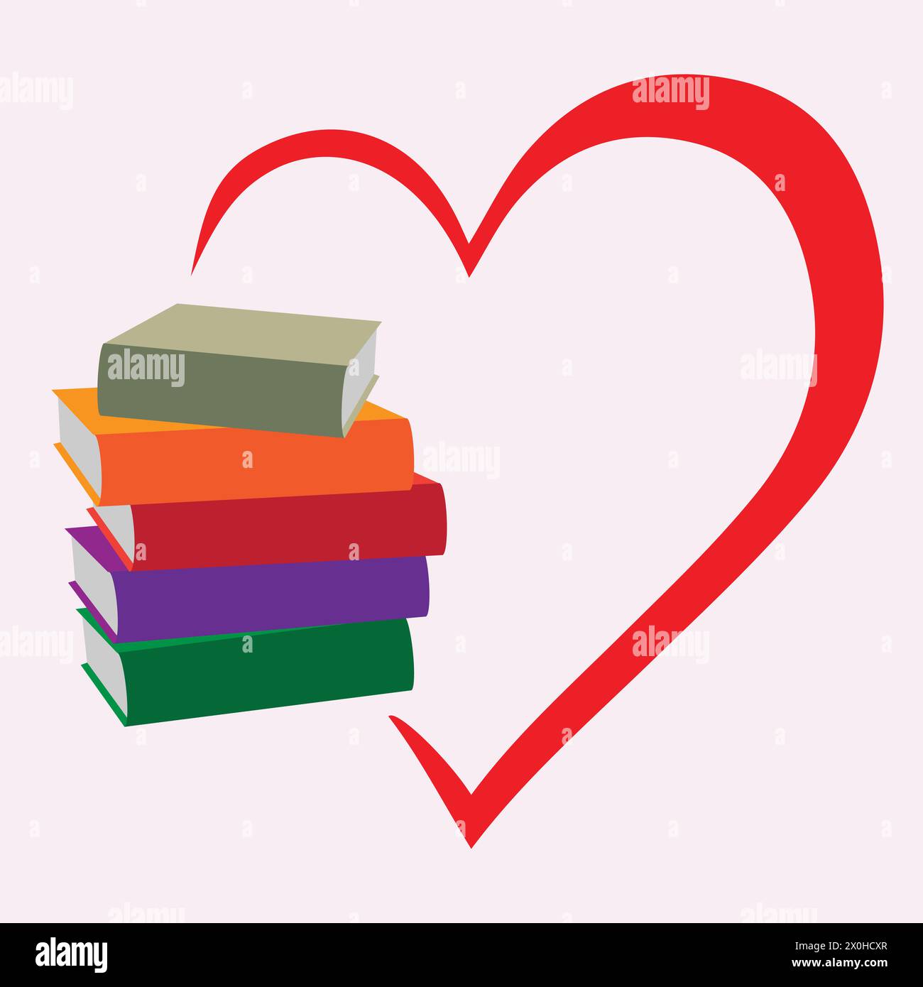 Red heart shape and a pile of books, love to read concept Stock Vector