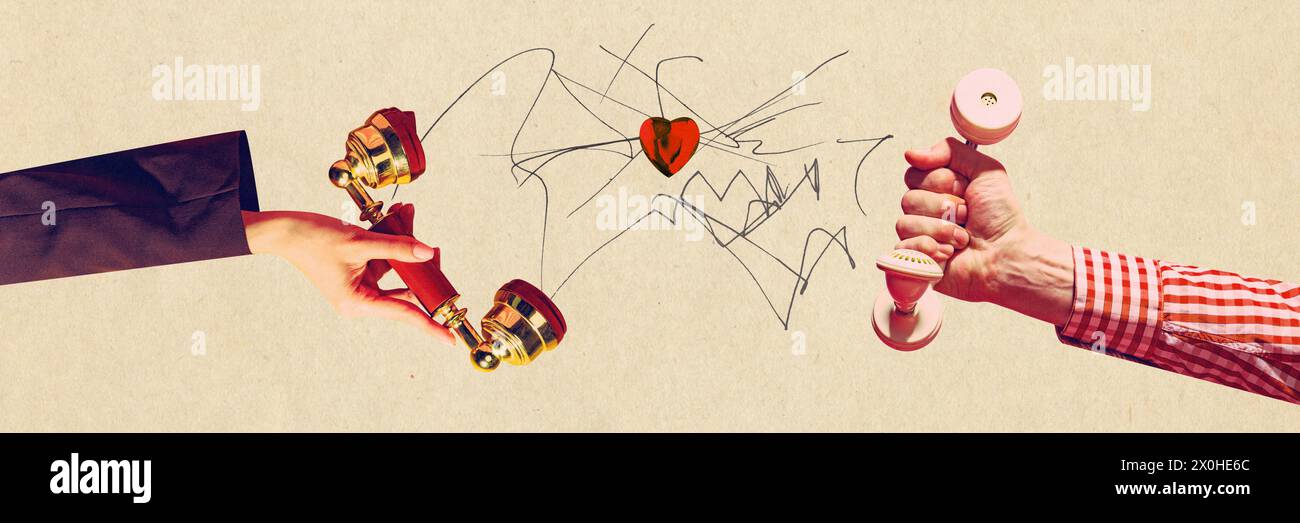 Contemporary art collage. Two hands using telephone handsets to speaking with heart in center on paper. Stock Photo