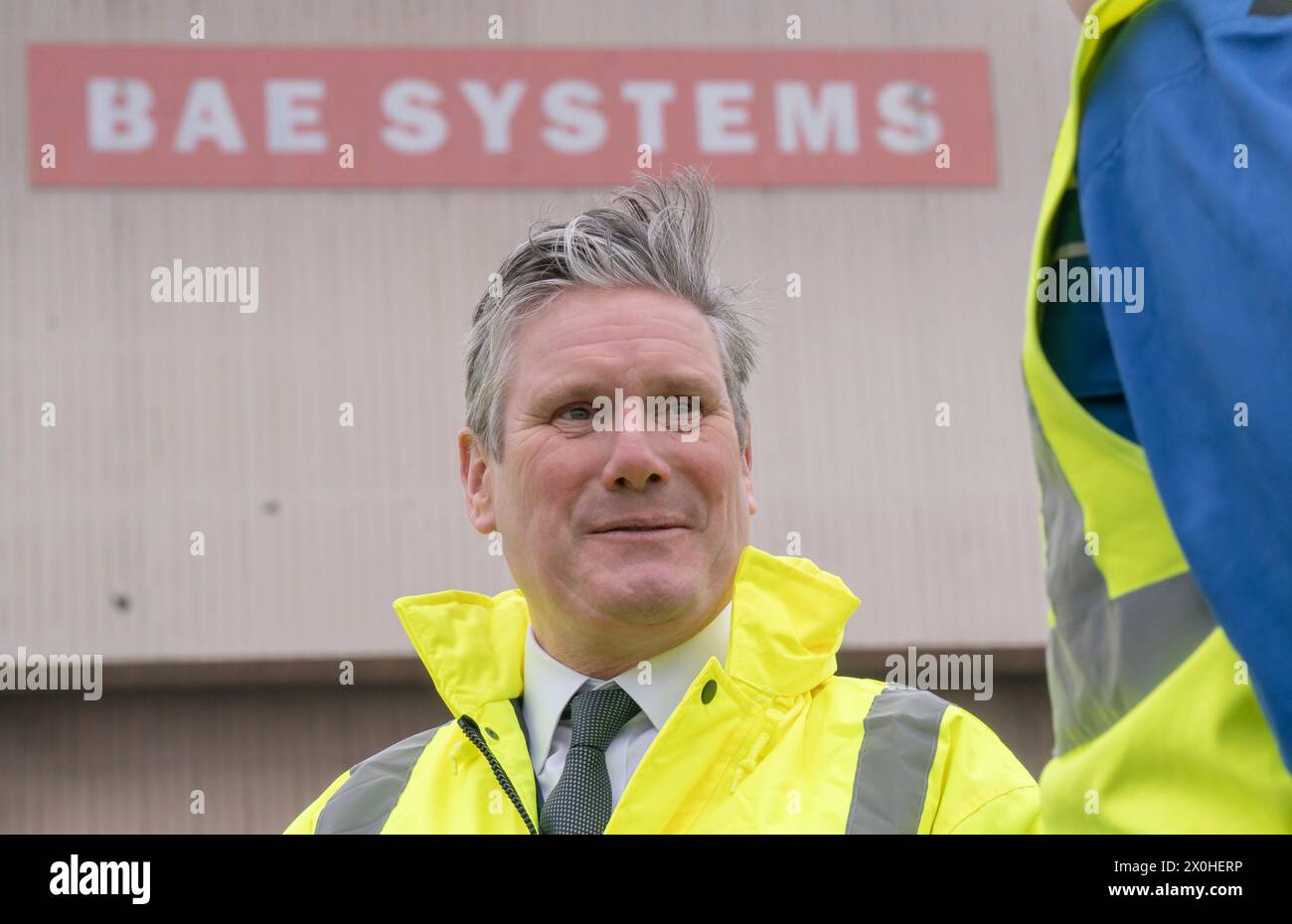 Labour Party leader Sir Keir Starmer, during a campaign visit to BAE Systems in Barrow-in-Furness, Cumbria. The Labour leader has said the UK's nuclear deterrent is the 'bedrock' of his plan to keep Britain safe, and if elected, Labour will use defence procurement to strengthen UK security and economic growth. Picture date: Friday April 12, 2024. Stock Photo