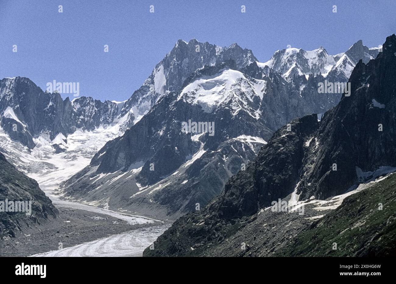The Mer de Glace with the Grandes Jorasses and Aiguille du Tacul from the hiking trail from Plan d'Aiguille to Montenvers. [automated translation] Stock Photo