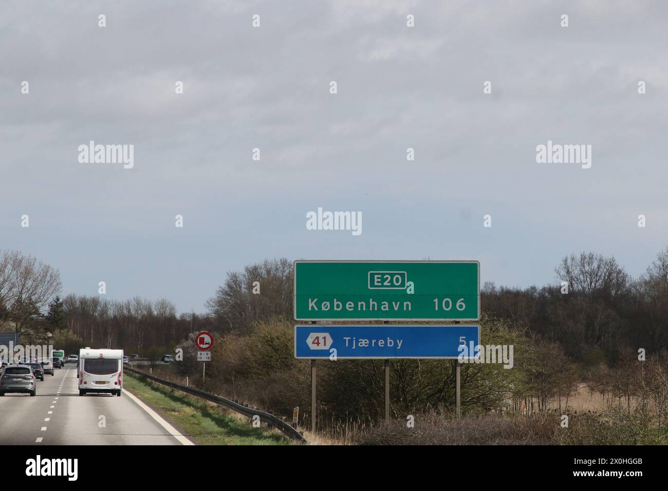 Distance sign for Copenhagen by E20 motorway Denmark  April 2024 Stock Photo