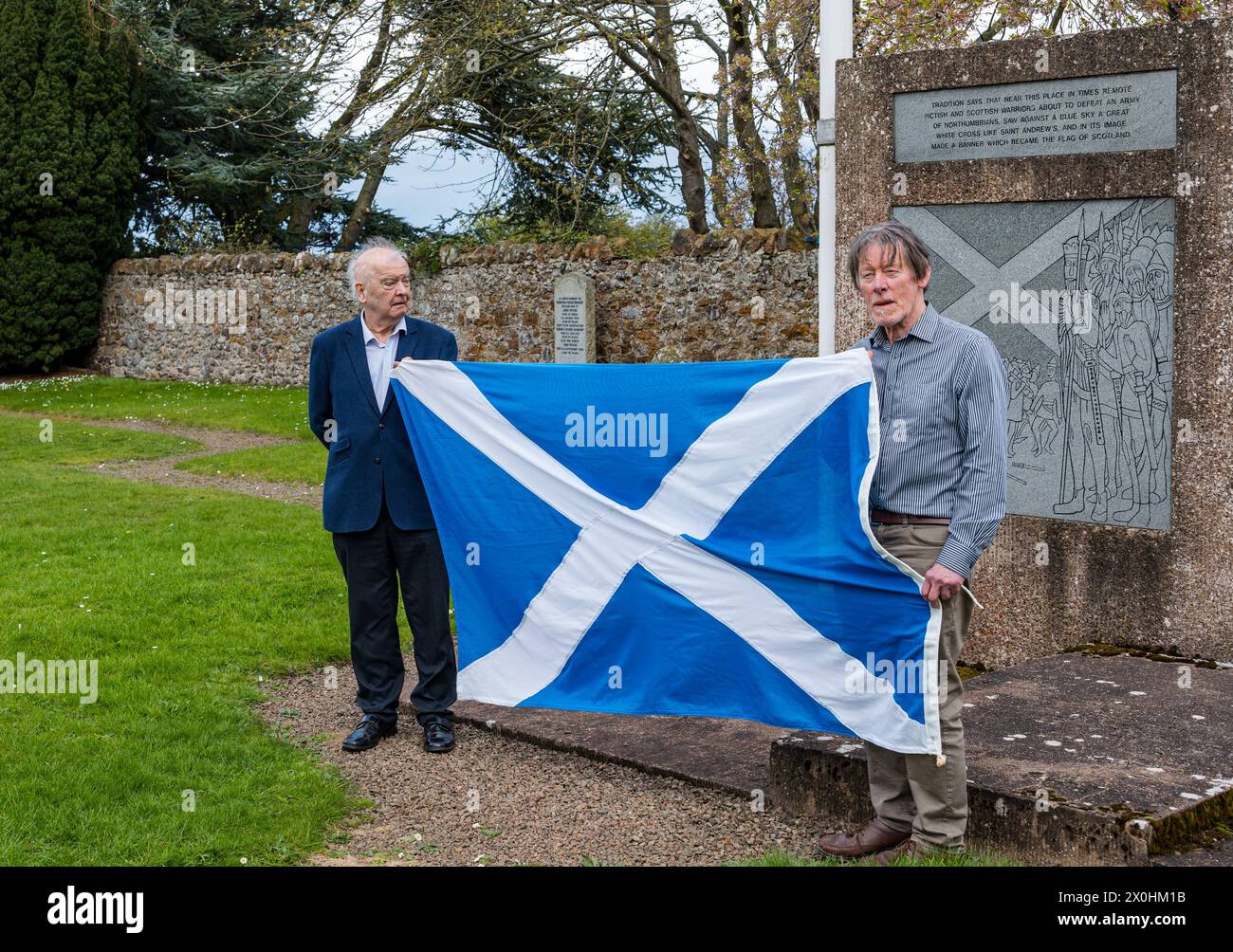 National Flag Heritage Centre, Athelstaneford, Scotland, UK, 12 April 2024, Scottish Flag Trust announces Professor Sir Tom Devine, Scottish academic and historian, as their new Patron following the death of the previous Patron Winnie Ewing. The Trust manages the National Flag Heritage Centre, birthplace of Scotland’s Saltire flag. Pictured: Prof Sir Tom Devine on his first visit to the heritage centre and David Williamson, Chair of the Trust. Credit: Sally Anderson/Alamy Live News Stock Photo