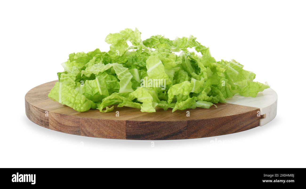 Board with pile of shredded fresh Chinese cabbage isolated on white ...