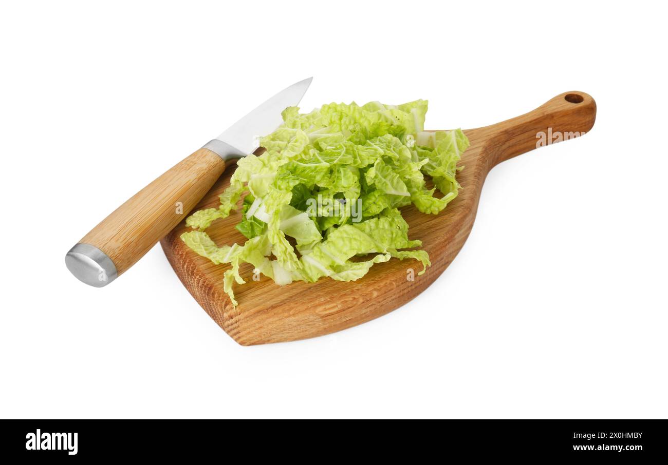 Pile of shredded fresh Chinese cabbage, board and knife isolated on ...