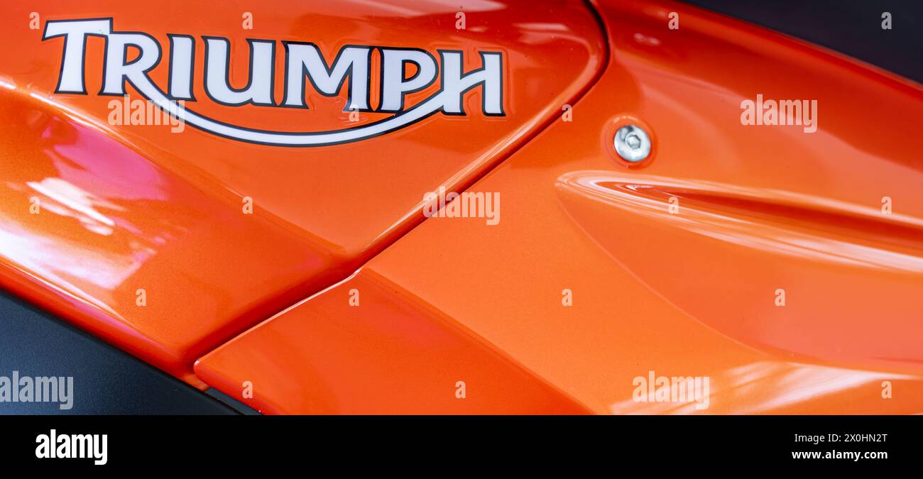 detail image of a triumph tiger 1050's orange gas tank Stock Photo