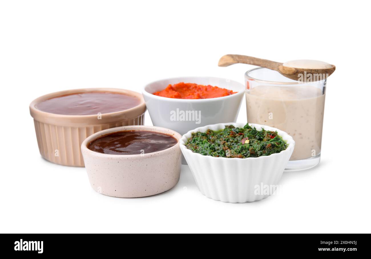 Marinates Items Different marinades in tableware isolated on white Stock Photo - Alamy
