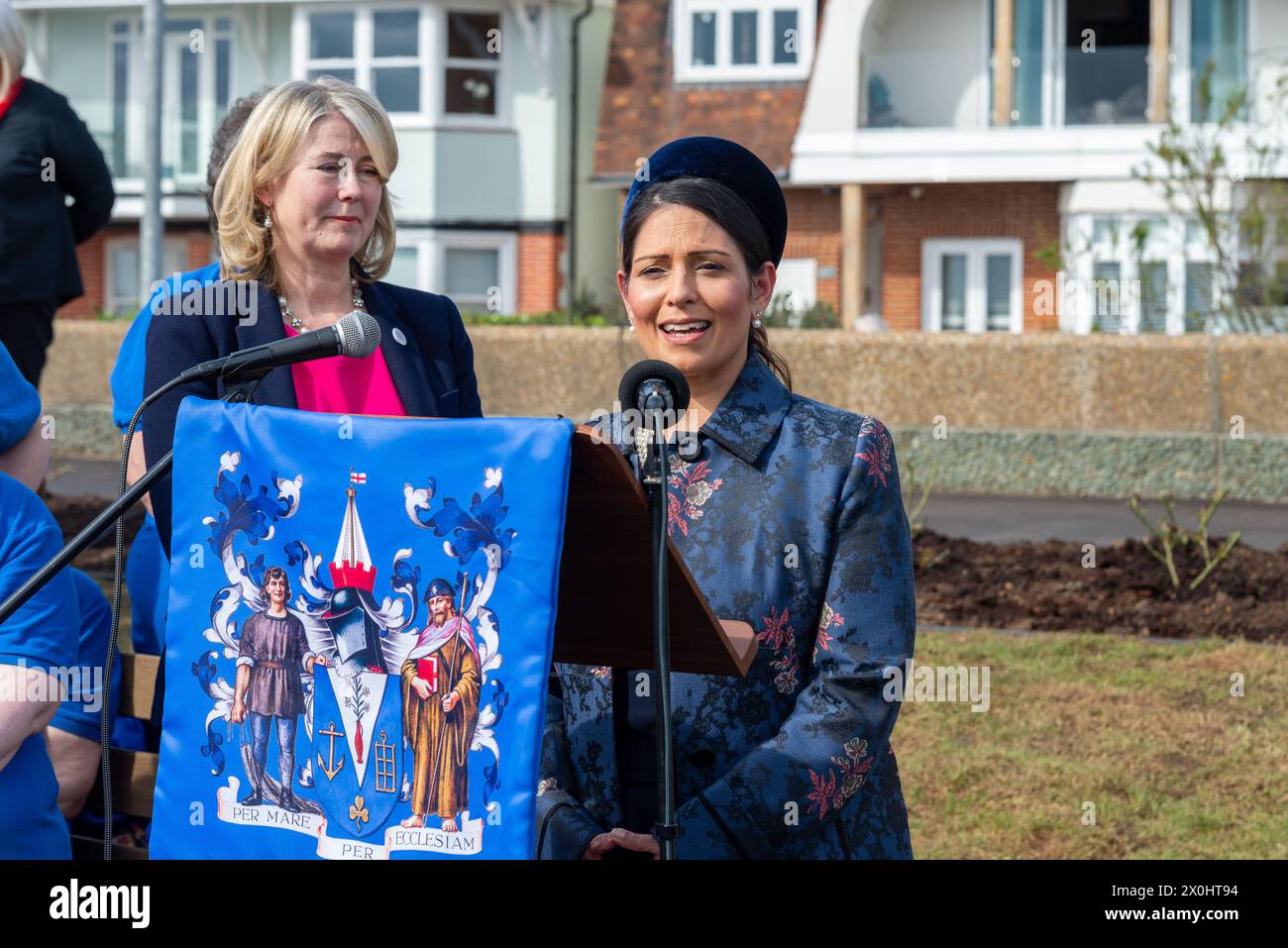 Priti Patel MP speaking at an event to unveil a statue honouring murdered Conservative MP Sir David Amess in Southend on Sea, Essex, UK Stock Photo