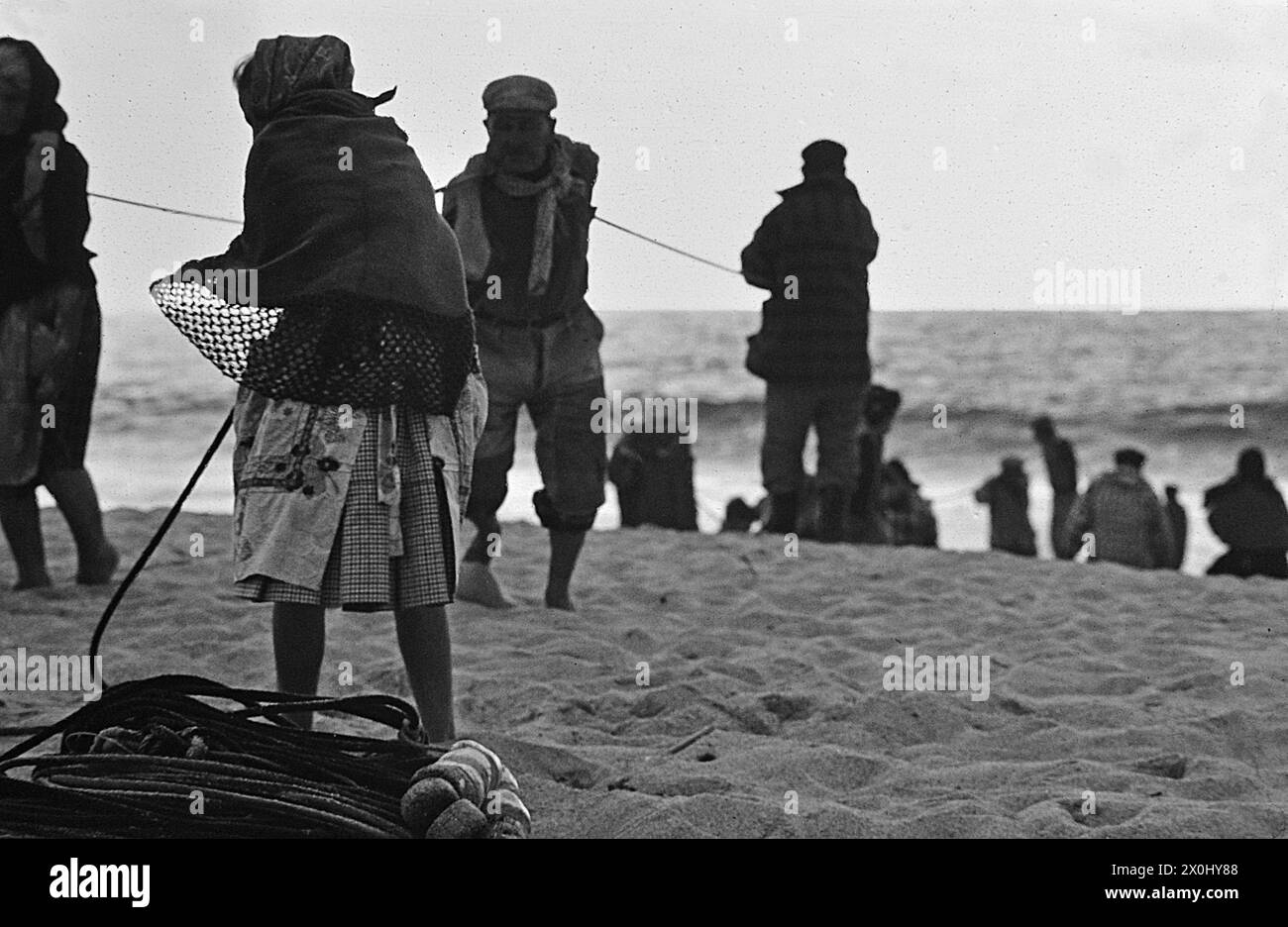 Women and men bring in trawls on the beach of Nazaré in Portugal. [automated translation] Stock Photo