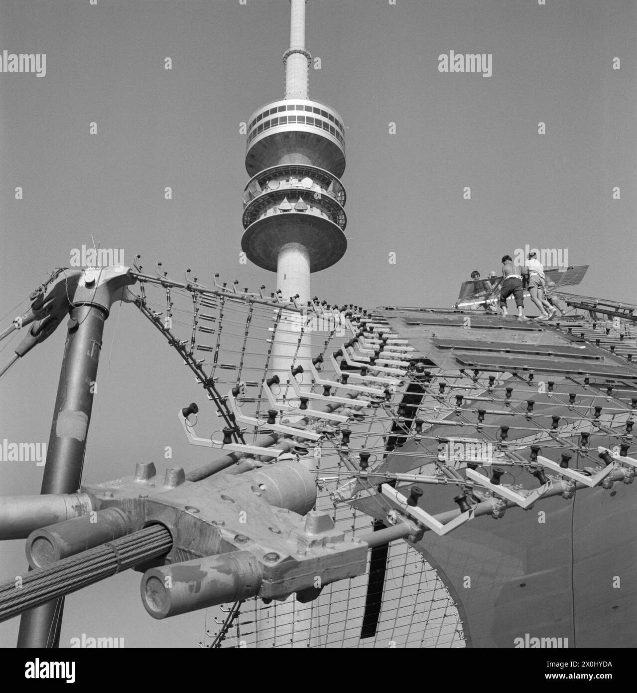 View of the TV tower and the tent roof of the Munich Olympic Stadium ...