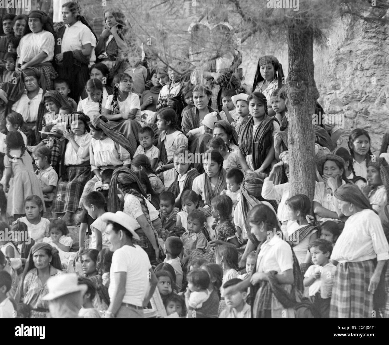 A large group of women and children under a tree in front of a wall in Teotitlan del Valle in Mexico. [automated translation] Stock Photo