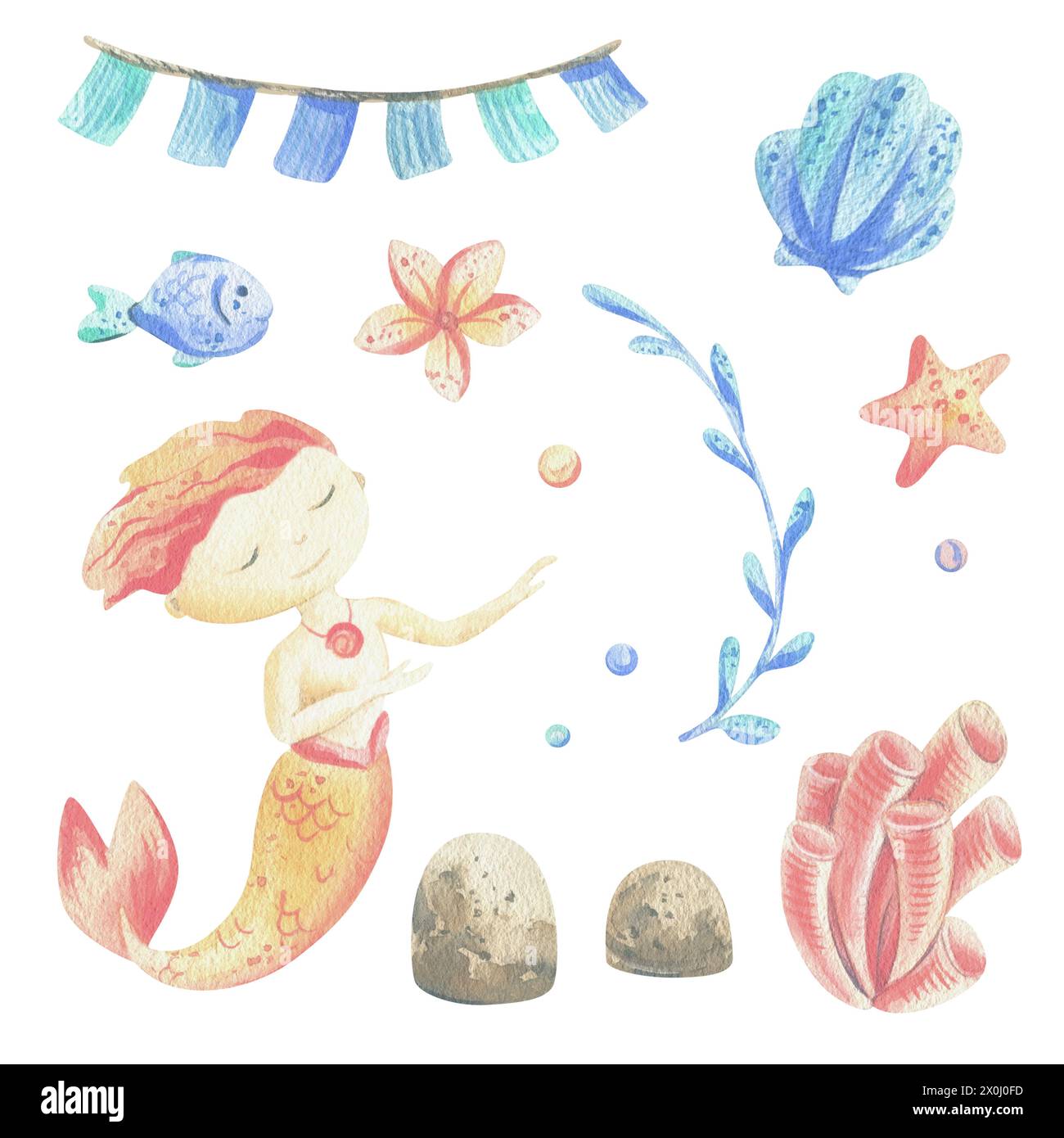 Mermaid is a little boy with fish, seashell, corals, algae, starfish