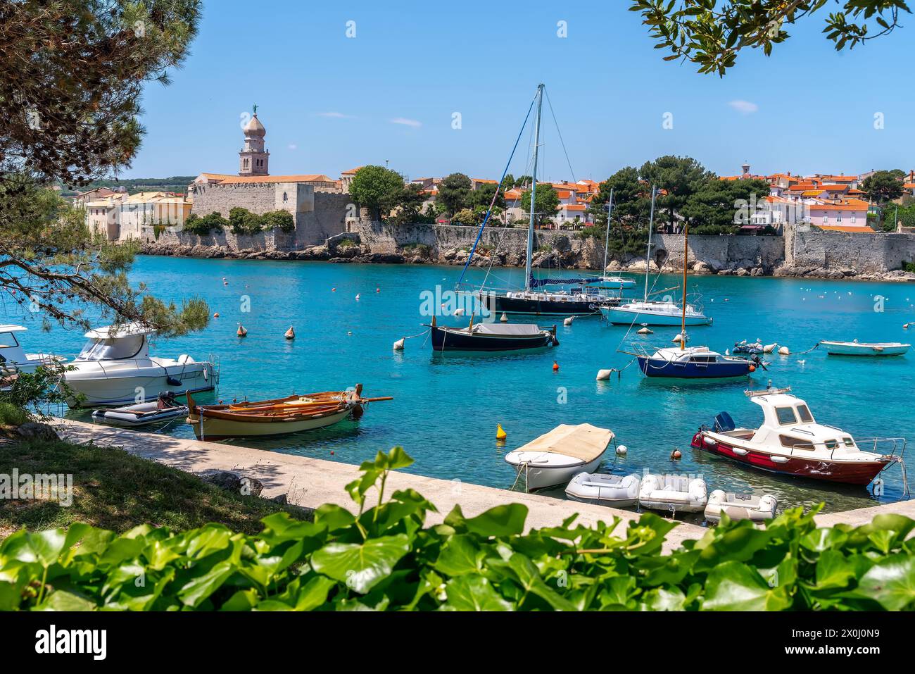 Panorama from the Adriatic promenade of the town of Krk on the island of Krk, Croatia Stock Photo