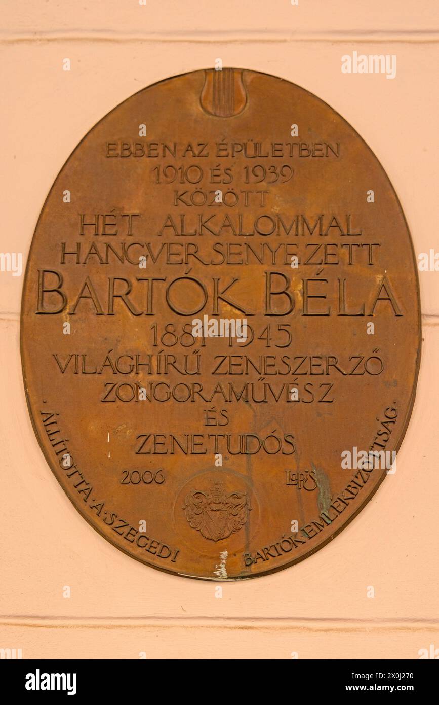 Szeged, Hungary - July 30, 2022: Oval Memorial Plaque to Famous Bartok Bela Hungarian Composer and Innovator Historic Landmark. Stock Photo